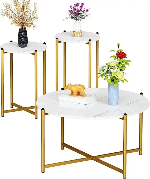 Living Room Coffee Table Set, Faux Marble Living Room Table Set of 3 Modern Round Center Table with Metal Legs, Round Coffee Ta