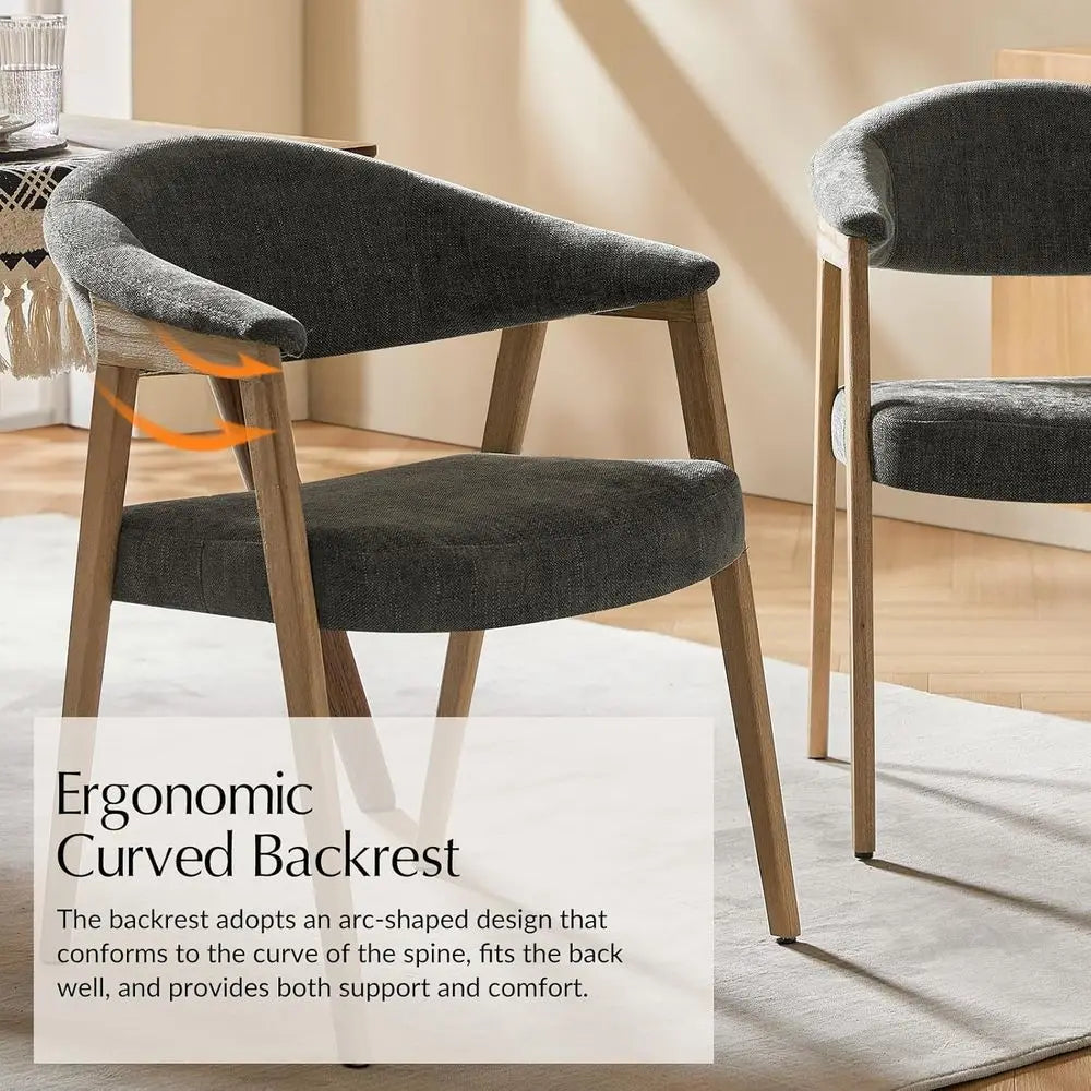 Mid-Century Modern Upholstered Dining Chairs Set of 2, Gray, with Armrests, Curved Backrest & Solid Wood Legs, Suitable for Kitc