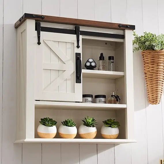 rustic sliding barn door medicine cabinet with adjustable shelves for wall-mounted bathroom storage