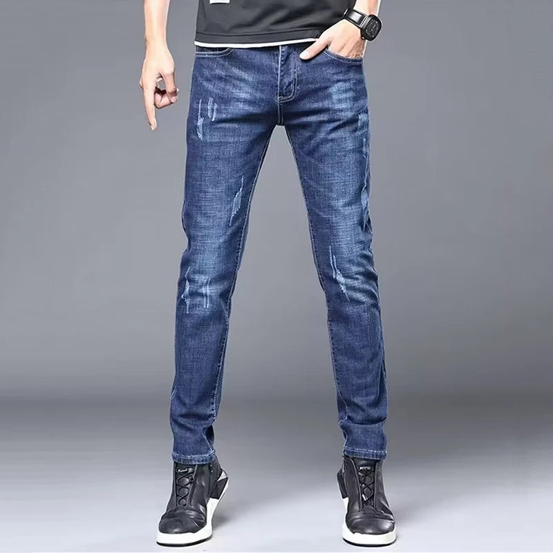 Men's Stylish Classic Business Casual Jeans Four Seasons Wear Black Blue Pants Middle-waist Leggings Denim Fabric Trousers Male
