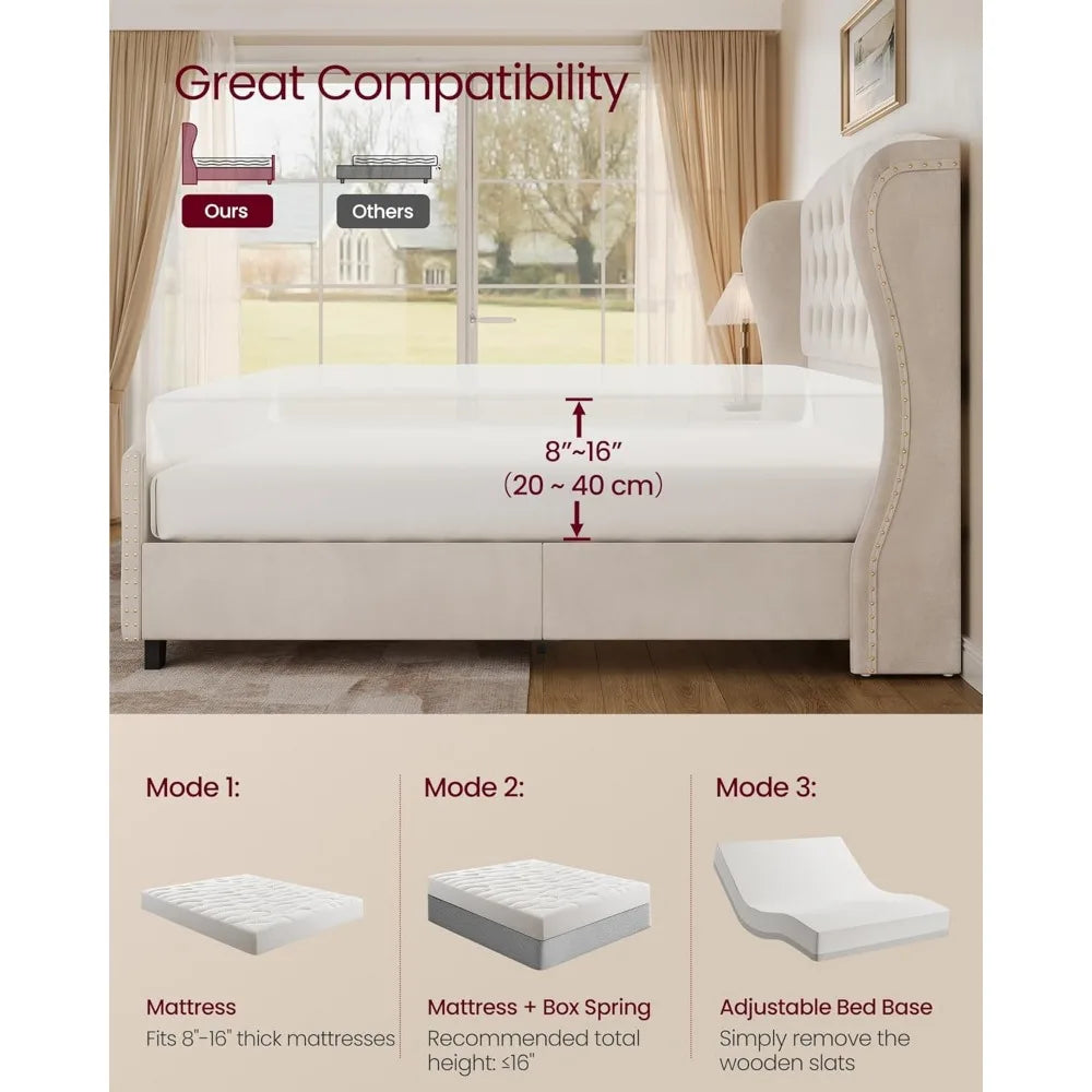 King Size Upholstered Platform Bed Frame with Tall Wingback Tufted Headboard and Footboard