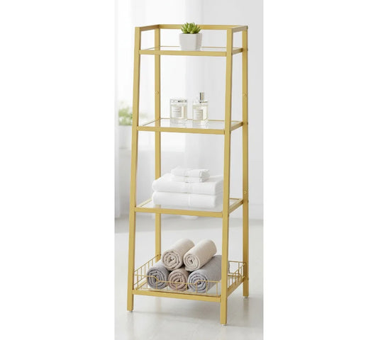 4-Tier Gold Glass Shelf Stand, Waterproof Bathroom Organizer with Tempered Glass, Floor Storage for Small Spaces