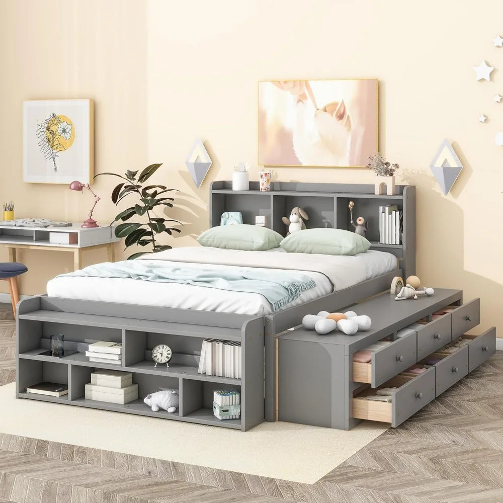 Gray Full Size Captain's Bed with Storage and Bookcase Headboard, Bed Frame for Bedroom, No Box Spring Needed