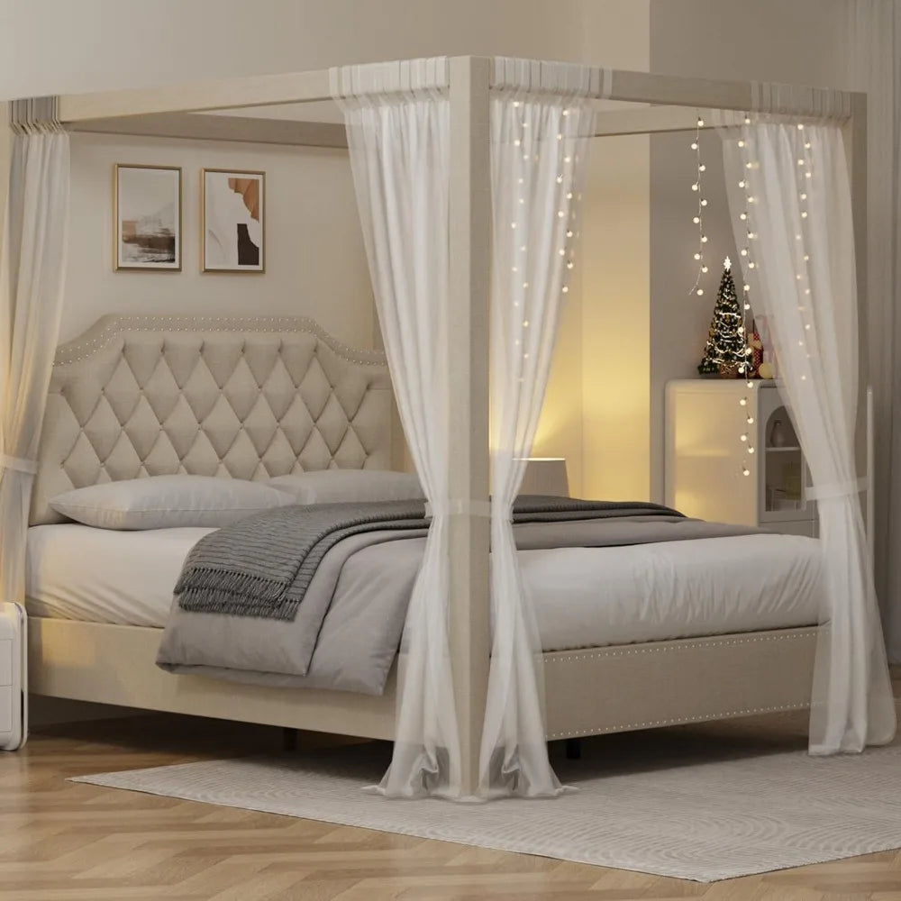 Queen Size Upholstered Button Tufted Canopy Bed Frame with Headboard, Nailhead Trim, No Box Spring Needed