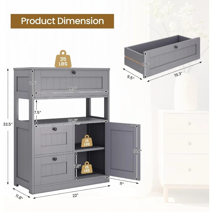 Modern freestanding bathroom cabinet with 1 door and 3 drawers for floor storage ideal for organizing kitchen or living room es