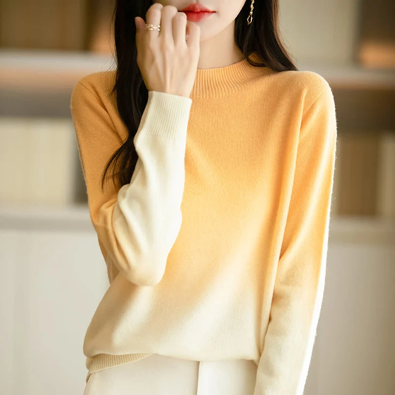Women New Fine Wool Thickening Sweater Outwear Gradient Mock Collar Pullover Autumn Winter Bottoming Casual Warm Knitting Tops