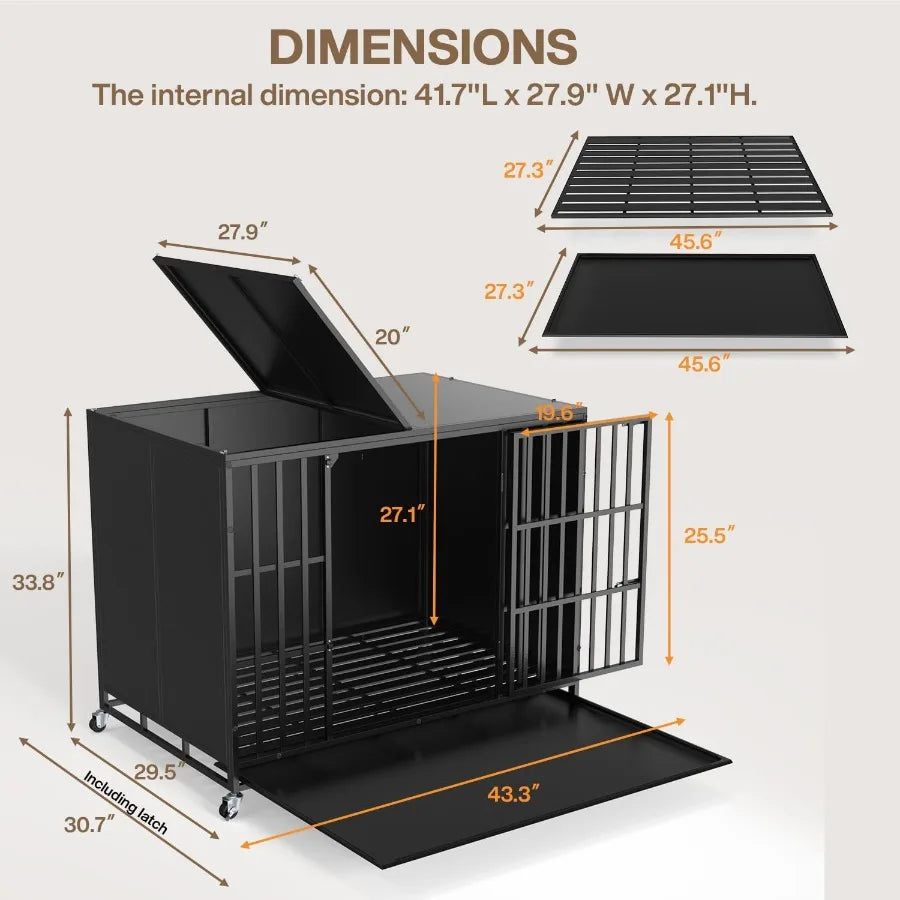 48/42 inch Heavy Duty Indestructible Dog Crate for Large Dogs with High Anxiety Extra Large Steel Escape Proof Dog Kennel Featu