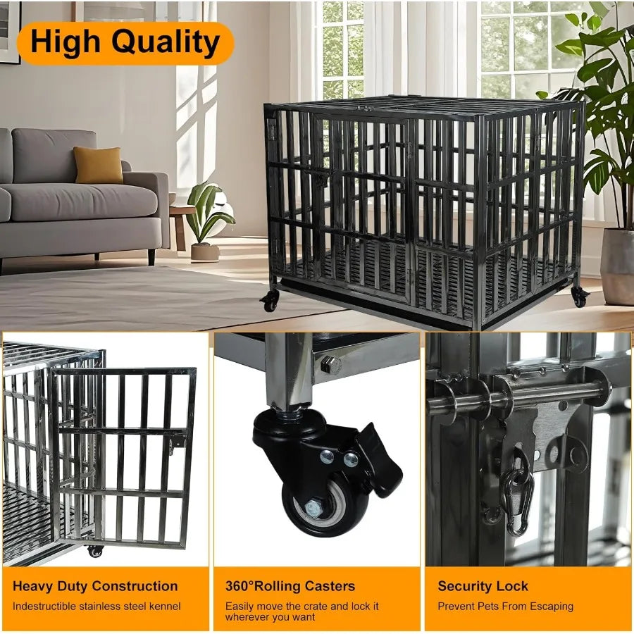 Heavy Duty Large Dog Crate Stainless Steel Dog Crate Cage Kennel with Rolling Wheels Double Door Removable Tray for Large Breed