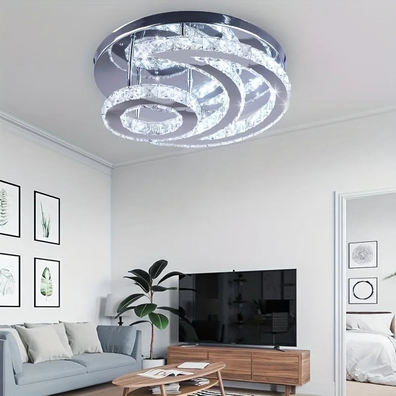 15.7" Crystal Chandelier Modern LED Ceiling Light Moon Shape Crystal Flush Mount Ceiling Lights Fixture for Bedroom Living Room