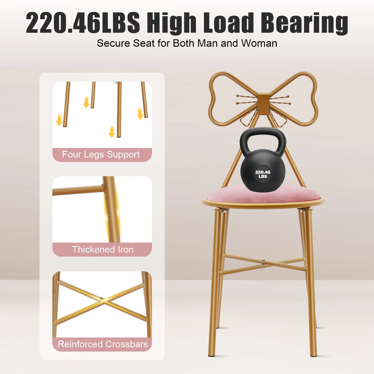 Bymaocar Deep Pink Makeup and Dressing Chair Weighing 220.46 Pounds with Bow Shaped Backrest for Restaurants,Nail Salons&Parties