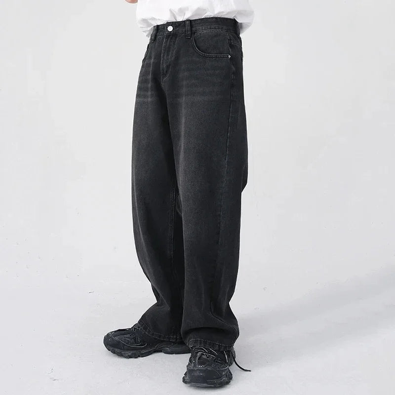 Men Classic Straight Leg Casual Jeans Male Brand Wide Leg Black Denim Pants Simple Vintage Outside High Street Denim Trousers