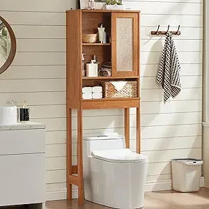 Over Toilet Storage Cabinet with Rattan Sliding Door, 68 Tall Wood Bathroom Organizer with Adjustable Shelves
