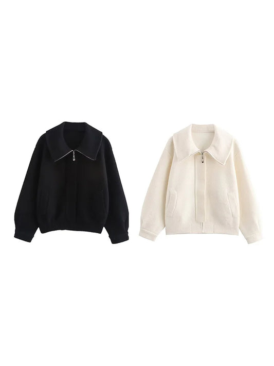 Women's clothing 2024 winter European and American style fashion temperament lapel jacket zipper sweater coat