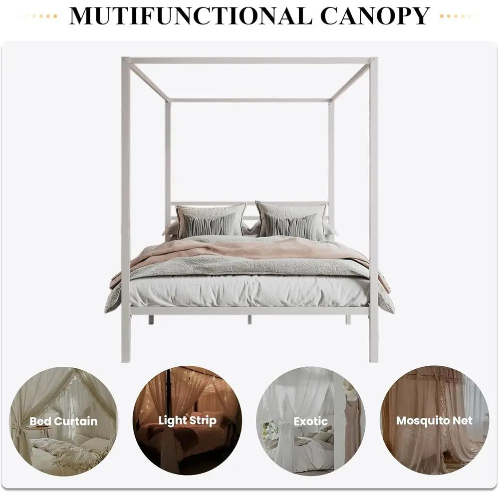 Queen Size Metal Canopy Bed Frame with Slat Support - No Box Spring Needed, Easy Assembly, White