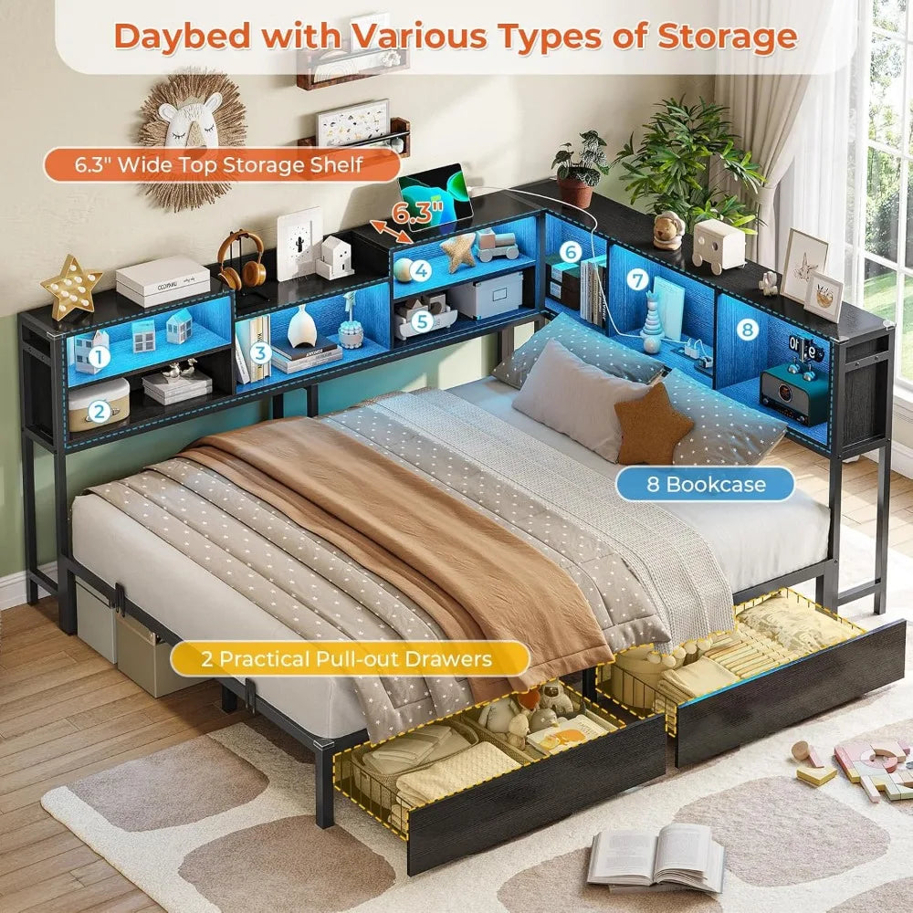 DICTAC Full Corner Bed Frame with Bookcase Storage and Led Lights Metal Platform Bed Frame with 2 Drawers and Charging Station F