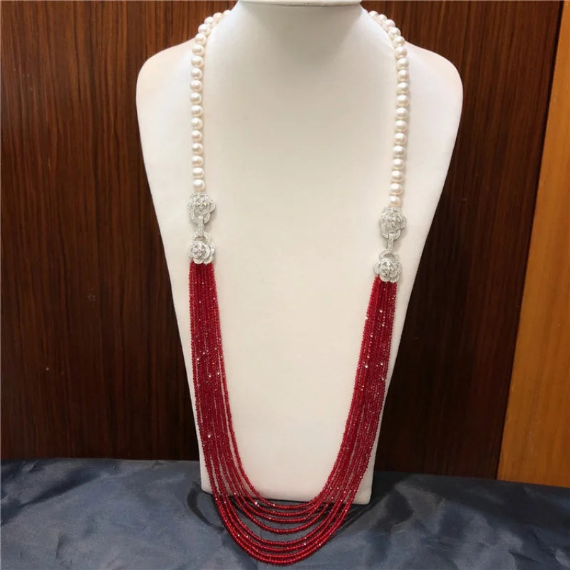 NEW hot sell 8-9mm Potato shape white freshwater pearl necklace multilayer long sweater chain fashion jewelry 30inches