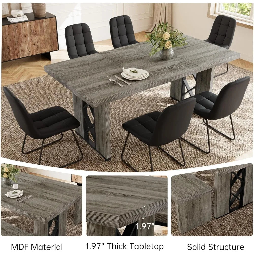 Space-Saving 7-Piece Dining Set for 6-8 People, 70.8 MDF Table with 6 Upholstered Chairs, Ideal for Kitchen and Breakfast Nook