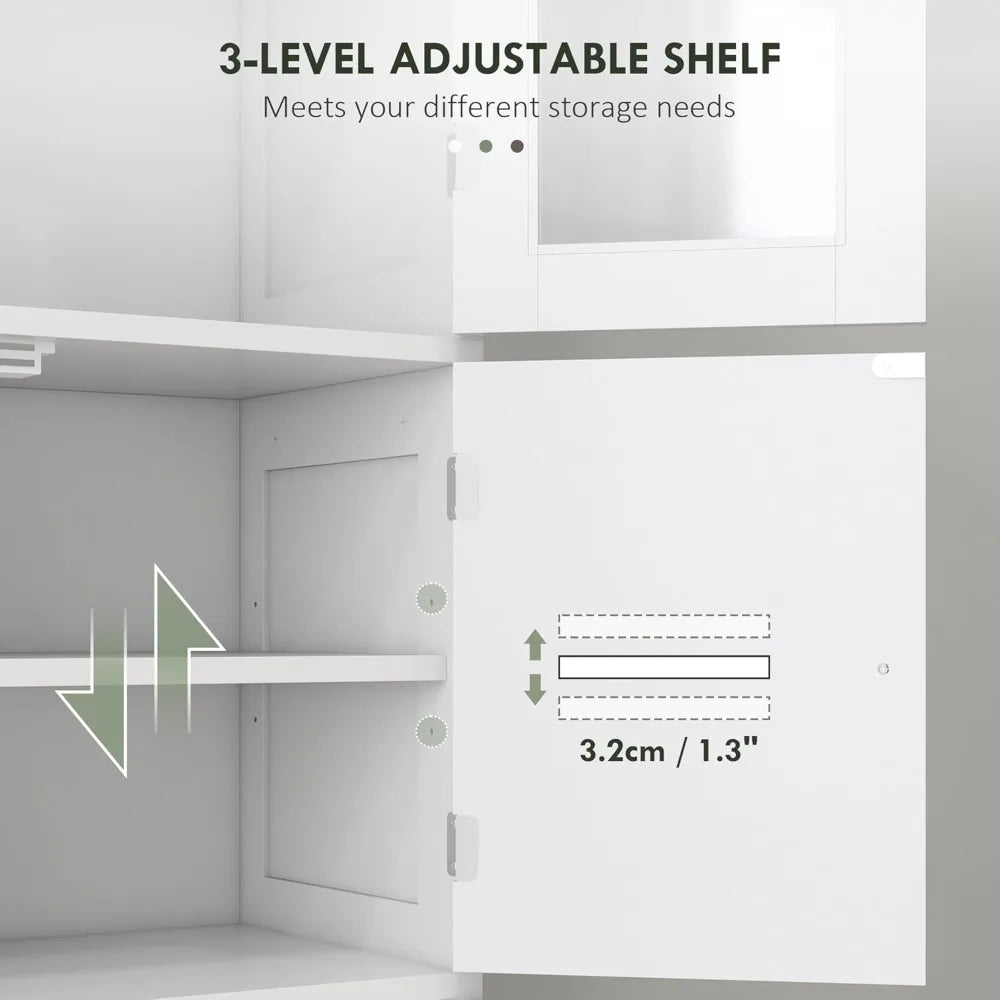 67 Inch Tall Freestanding Bathroom Cabinet with Glass and Louvered Doors for Storage and Adjustable Shelves