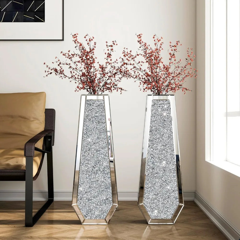 Mirrored Floor Vases Set of 2, Large Silver Crystal Glass Decorative Tall Vases for Home Accents