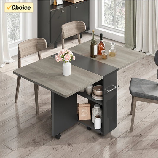 Folding Dining Table Drop Leaf Dining Table with 6 Wheels and 2-Layer Storage Shelf Space Saving Dining Table for Small Spaces
