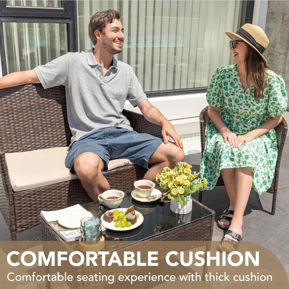 4 Pieces Outdoor Patio Furniture Set, PE Rattan Wicker Chairs Balcony Lawn Porch Patio Furniture Sets with Beige Cushion