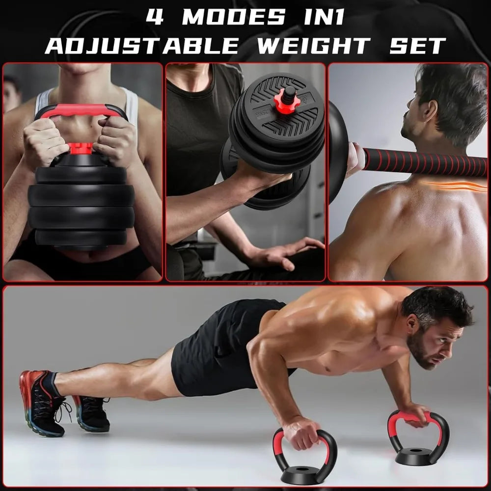 All-in-One 90 Pound Adjustable Weight Set for Home Gym: Dumbbell, Barbell, Kettlebell, and Push-Up Bar in One