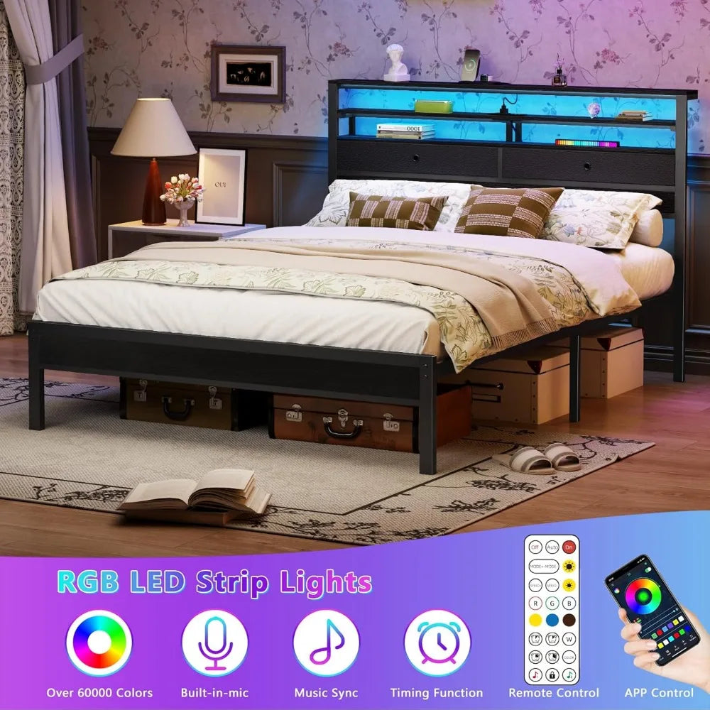 Furnulem Queen Bed Frame with Headboard & 2 Fabric Drawers, Bed Frame Queen Size Featuring LED Lights, Built-in Charging Station