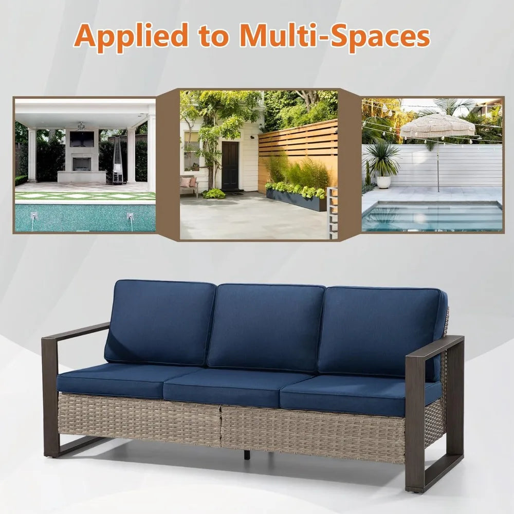 Patio Metal Wicker Sofa, Outdoor Rattan 3-Seat Sofa Couch with Premium Cushions & Rectangular Framed Wood-Looking Metal Armrest