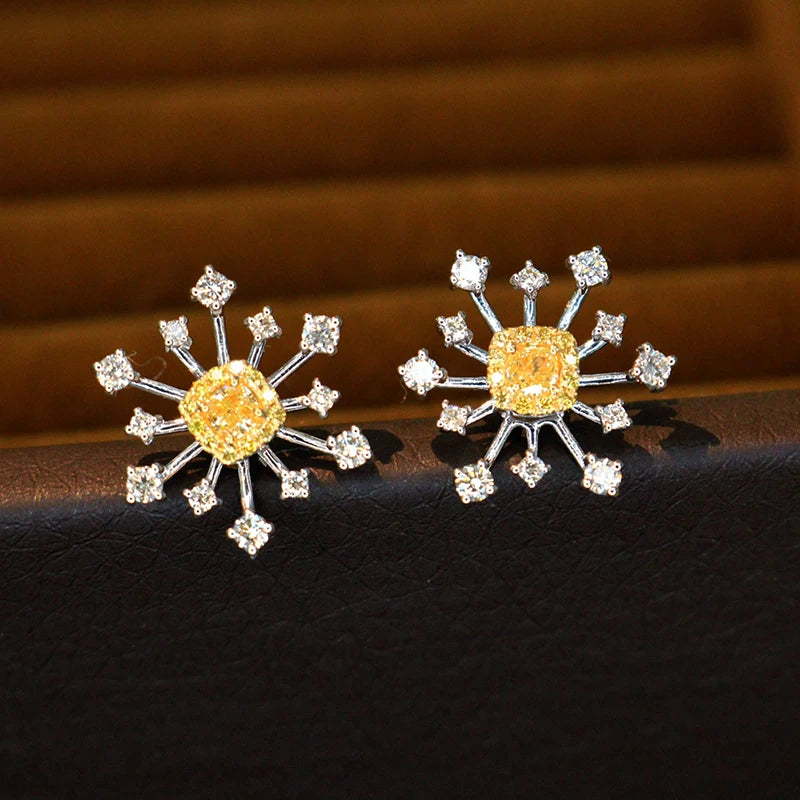 KUGG 100% 18K White Gold Earrings Romantic Elegant Style Real Natural Yellow Diamond Stud Earrings for Women High Party Jewelry