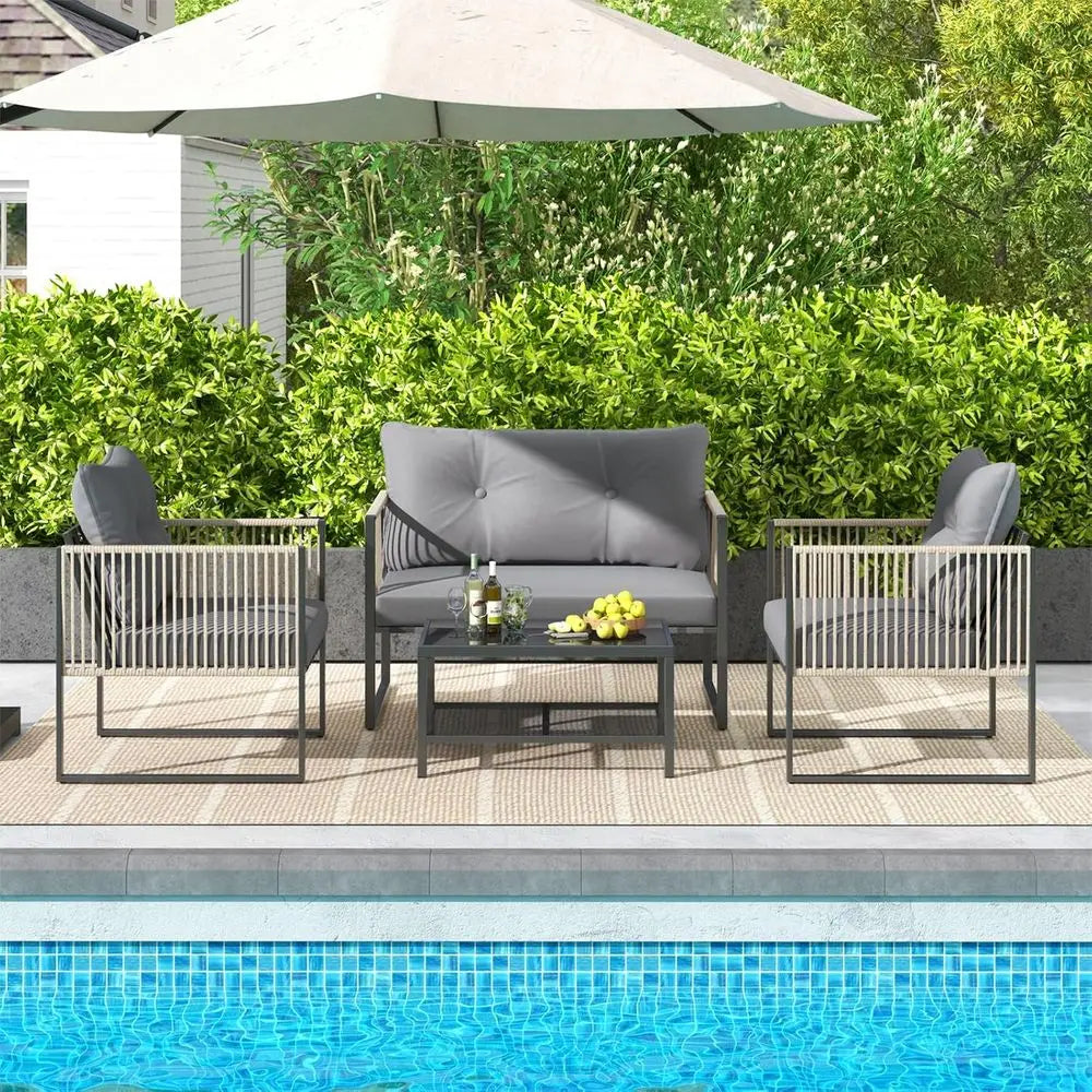 Grey Outdoor PE Rattan Sofa Set with Cushions and 2-Tier Glass Table for Patio, Garden, Balcony