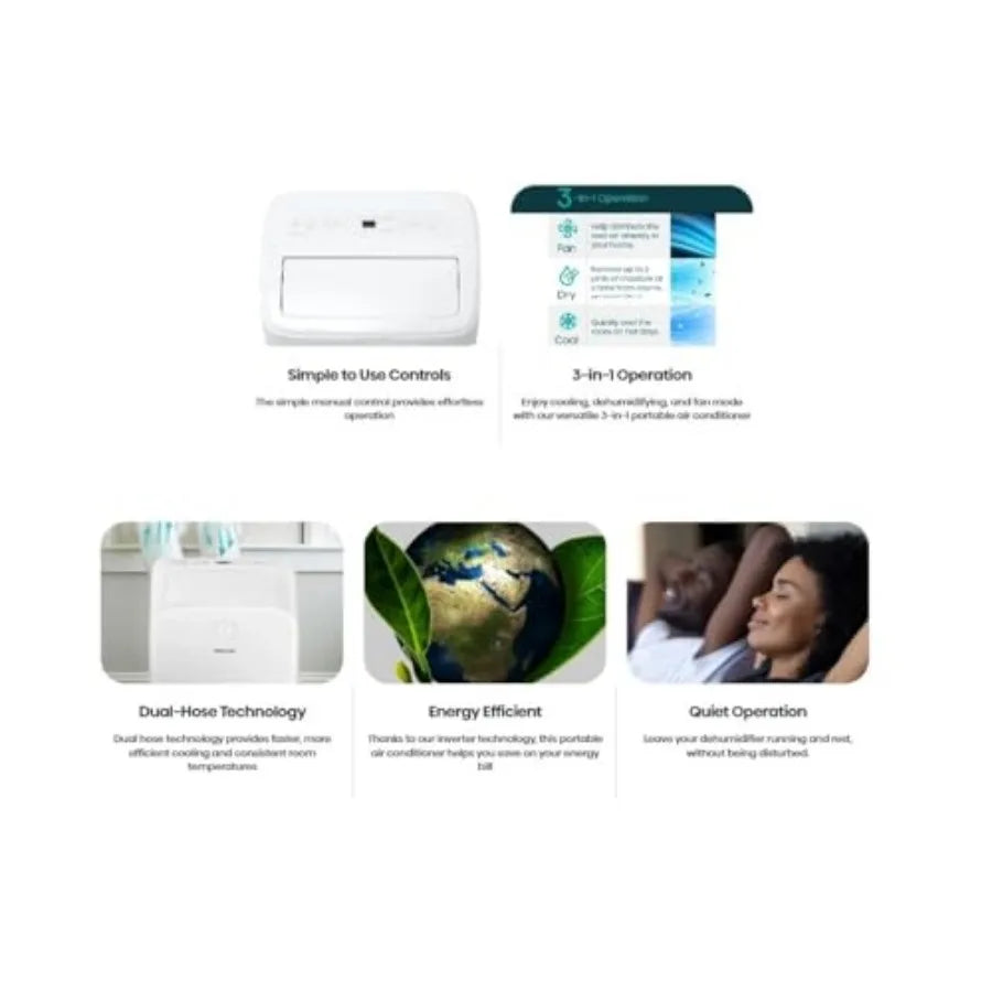 8000 BTU 350 Sq Ft Dual Hose Portable Air Conditioner with Inverter Technology and Wi-Fi Connectivity for Efficient Cooling Deh