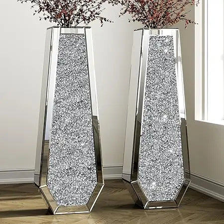 Mirrored Floor Vases Set of 2, Large Silver Crystal Glass Decorative Tall Vases for Home Accents