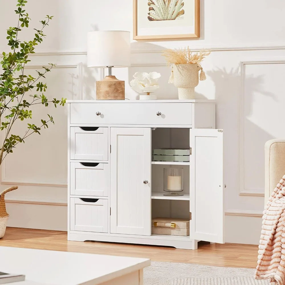 large wooden bathroom floor cabinet with ample storage: featuring 1 large drawer, 3 small drawers, and 2 doors for organization