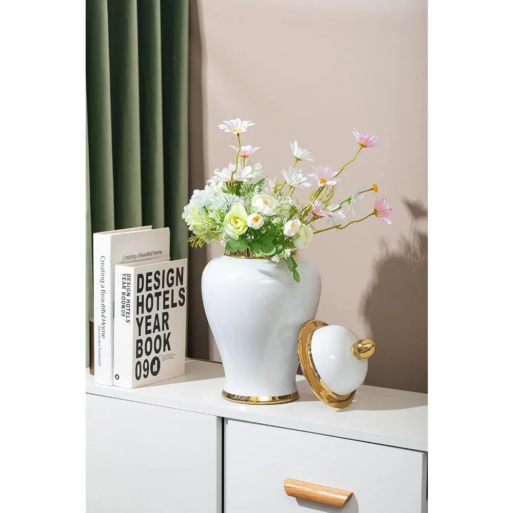 15-Inch Decorative Ginger Jar Vase with Gold Trim, Ideal for Centerpiece Table Decorations, Living Room, and Shelves