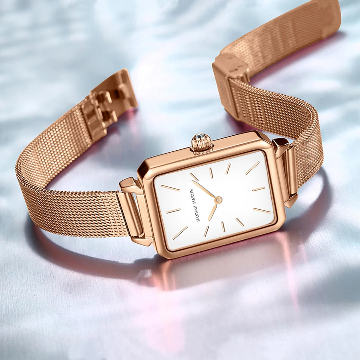 Square Women Stainless Steel Mesh Strap Watch Fashion Japanese Movement Rose Gold Simple Leisure Fashion Hannah Martin Watches