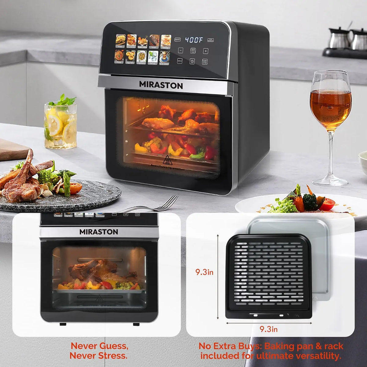 10QT Air Fryer Toaster Oven Combo with 10 Presets, Stainless Steel Interior, Easy Clean, Includes Accessories & Recipe