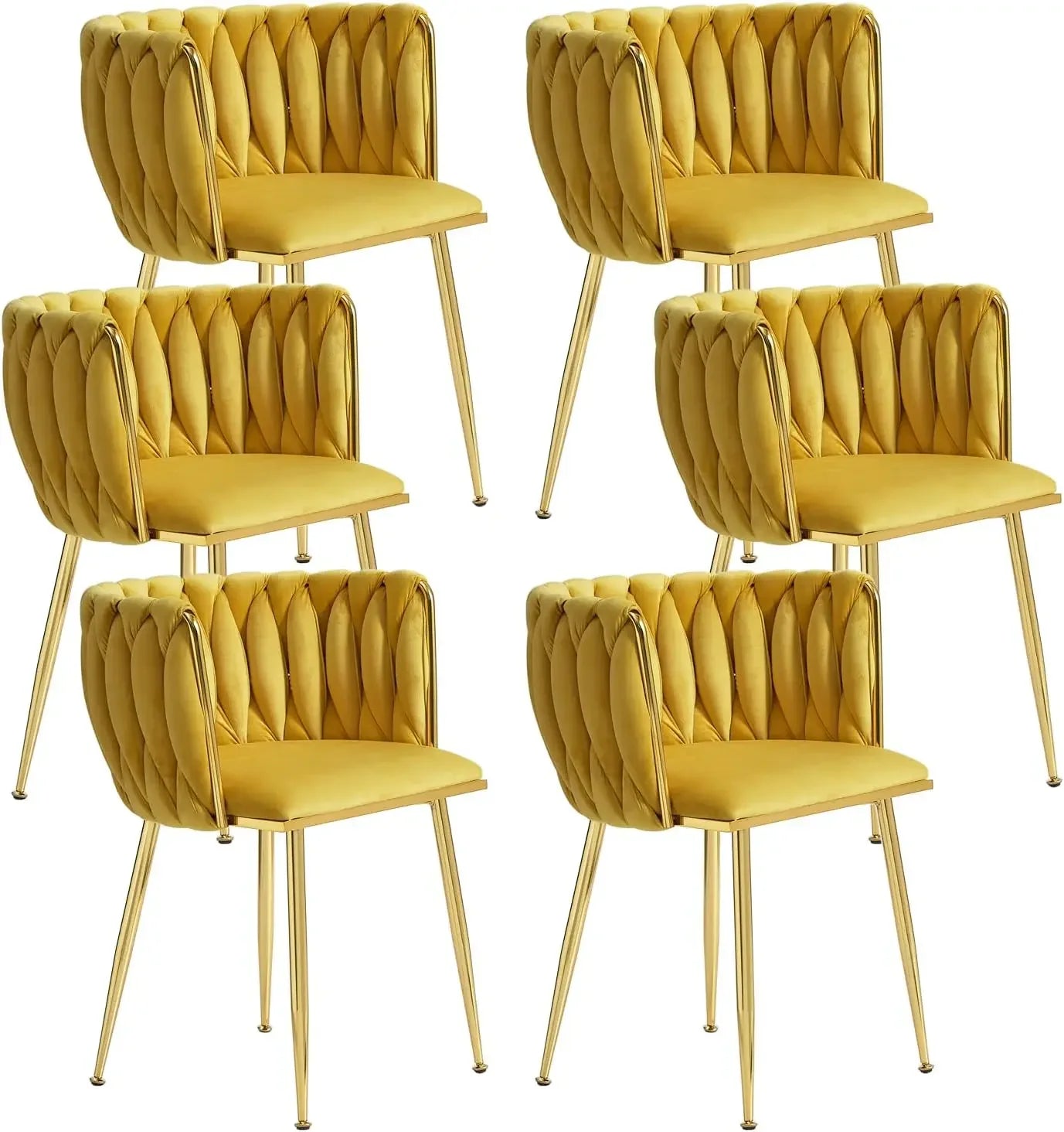 ,Woven Upholstered Chairs Dining Room,Kitchen，Velvet Dining Chairs Set of 6,Modern Dining Chair with Golden Metal Legs