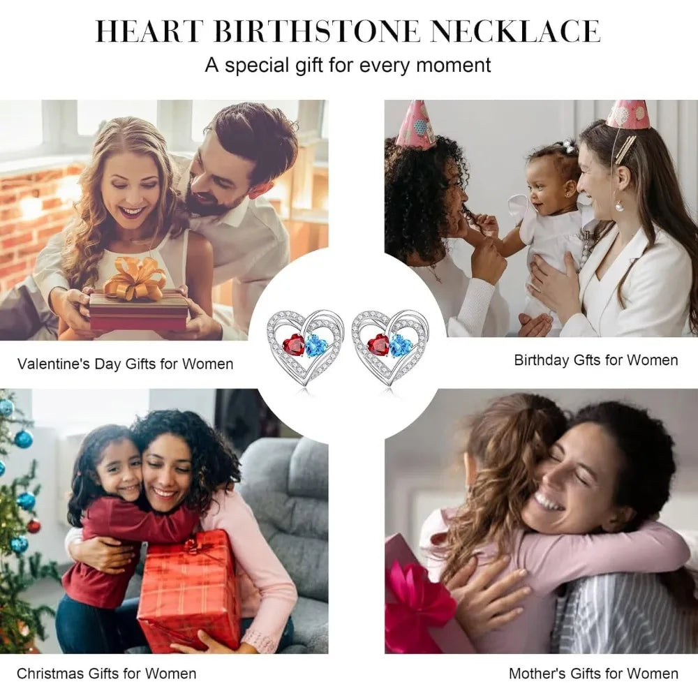 Sterling Silver Heart Birthstone Earrings, Double Stone Anniversary Gifts for Women, Ideal Birthday Present for Chris