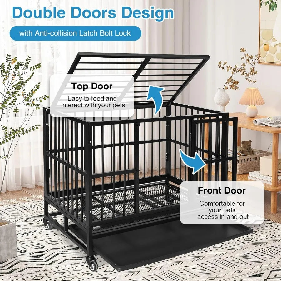 Heavy Duty Dog Kennel 37-Inch with Indestructible Steel Frame Portable Design Featuring Wheels Double Doors for Easy Access Stu