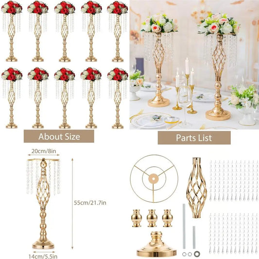 10pcs Gold Metal Flower Floor Stands, 21.7inch Tall Vases for Wedding Table Decor
