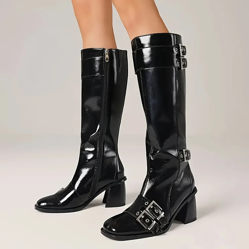 Women'S Motorcycle Knee High Boots Square Toe Chunky Heel Side Zipper Metal Buckle Strap Fashion Punk Dress Fall Winter Shoes