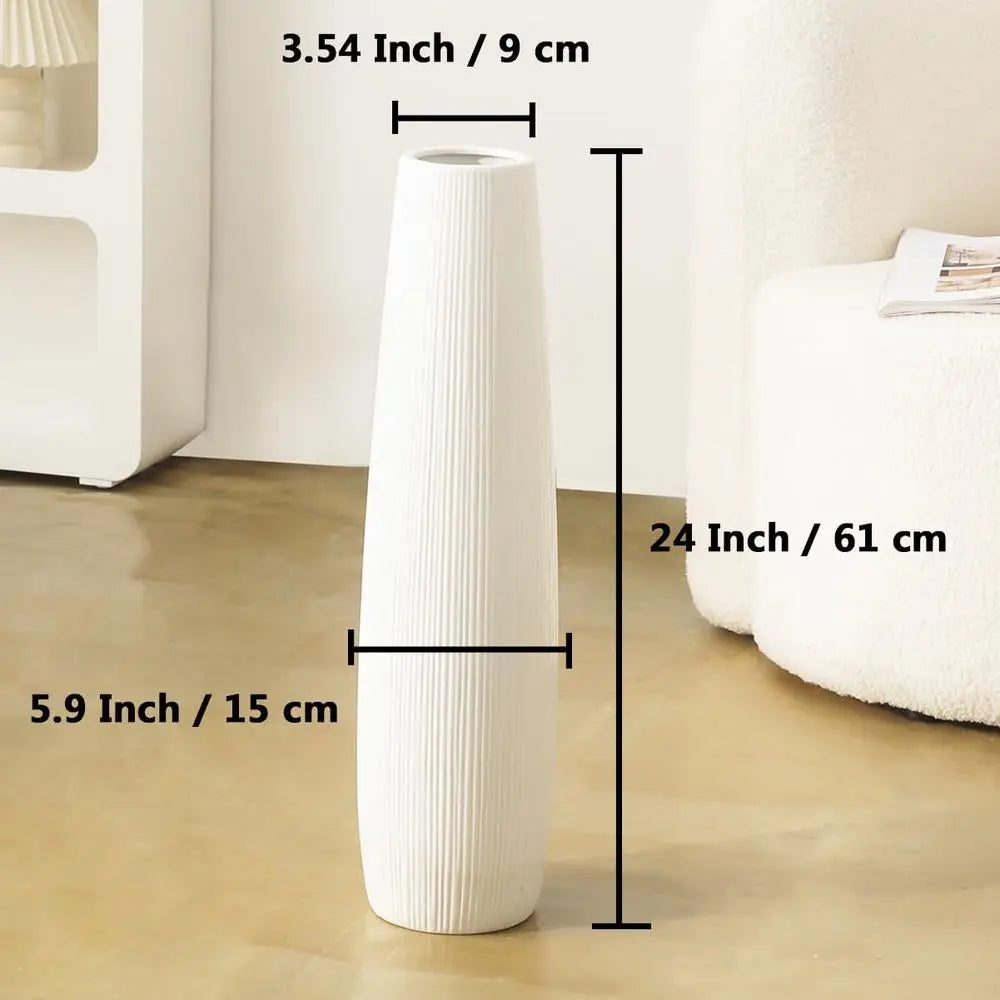 Large White Ceramic Floor Vase, 24 Tall Decorative Vase for Modern Living Room, Home Office, Bedroom, Farmhouse Style, Glossy Fi