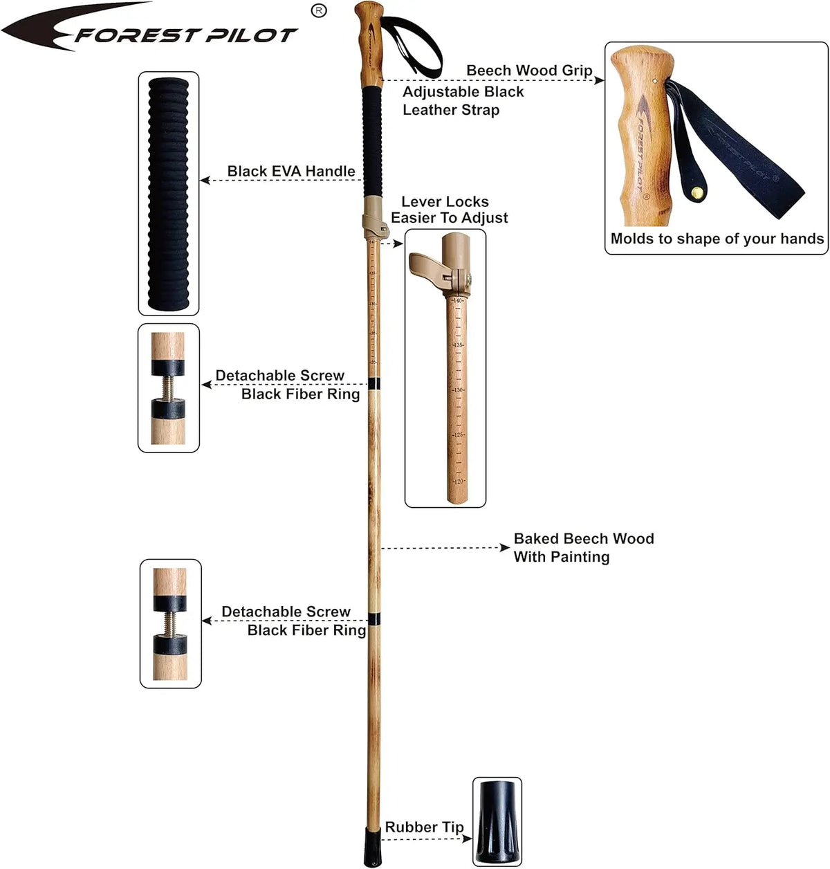 Trekking Poles - Adjustable Hiking Stick - Beech Wood Grip - Quick Adjust Flip-Lock - Leather Strap