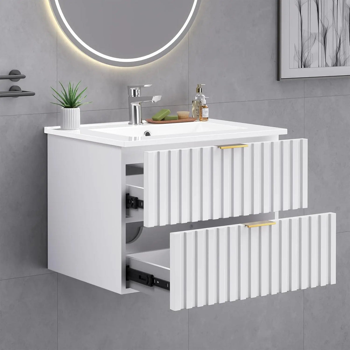24 Inch Bathroom Vanity with Sink Combo, Floating Bathroom Vanity with 2 Fluted Drawers & Metal Handle,Modern Wall Mount Storage