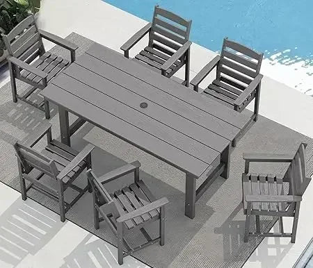 XMSJ-Outdoor HDPE Dining Table Set, 7-Piece Outdoor Dining Table Sets with Umbrella Hole Cut-Out Table and 6 Chairs, Gray