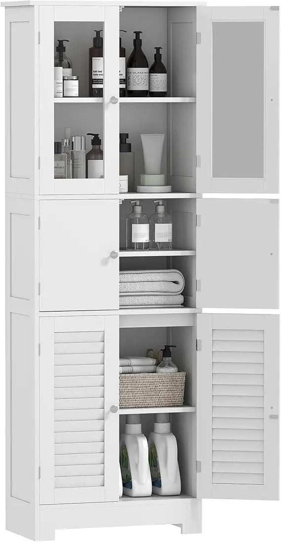 67 Inch Tall Freestanding Bathroom Cabinet with Glass and Louvered Doors for Storage and Adjustable Shelves