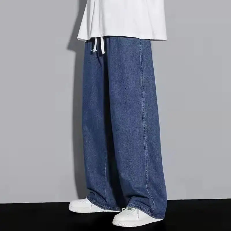 High Street Fashion All-Season With Drawstring Closure And Slight Stretch Jeans Men's Retro Straight Loose Wide Leg Casual Jeans