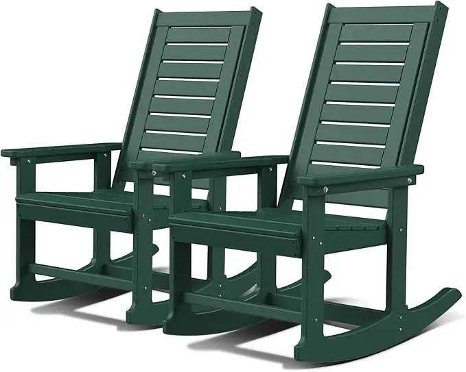 Outdoor Rocking Chairs Set of 2 Porch Rocker  HDPE Plastic Oversized Rockers High Back  Big & Tall Ladder Back for Patio Outside