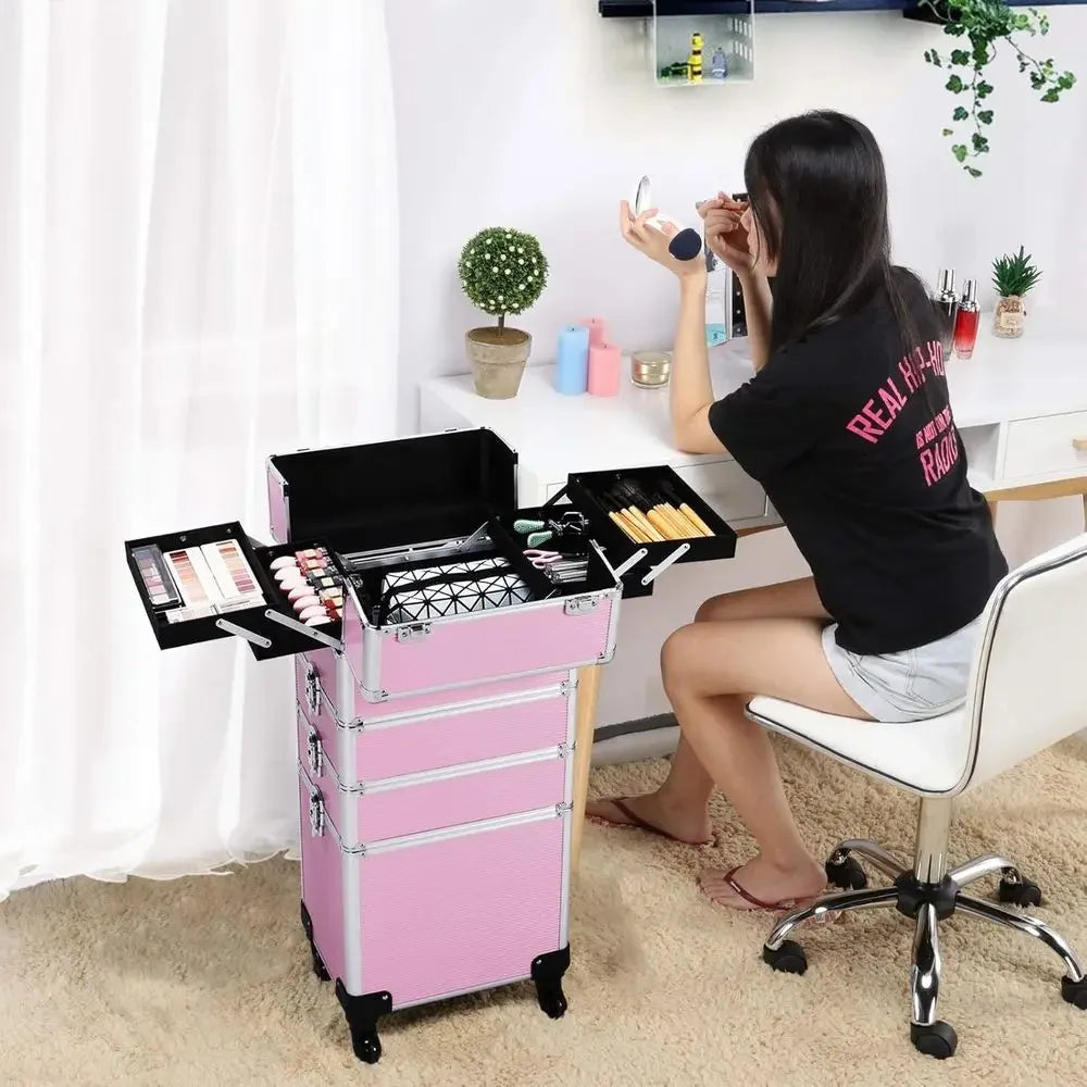 Portable Rolling Makeup Train Case with 4 Wheels, Detachable, Pink, Professional Organizer for Travel