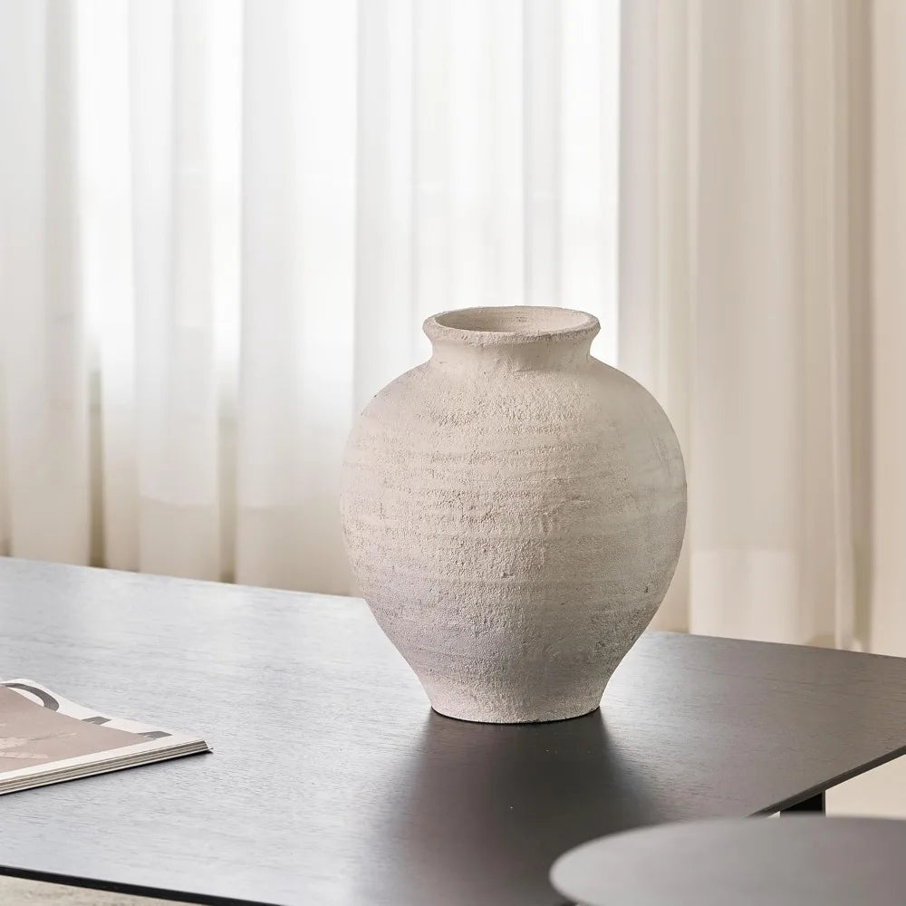 Large White Ceramic Zen Style Vase, 11 Inches Tall, Rustic Terra Cotta Pitcher, Distressed Farmhouse Decor, Pottery Art, Long Ta